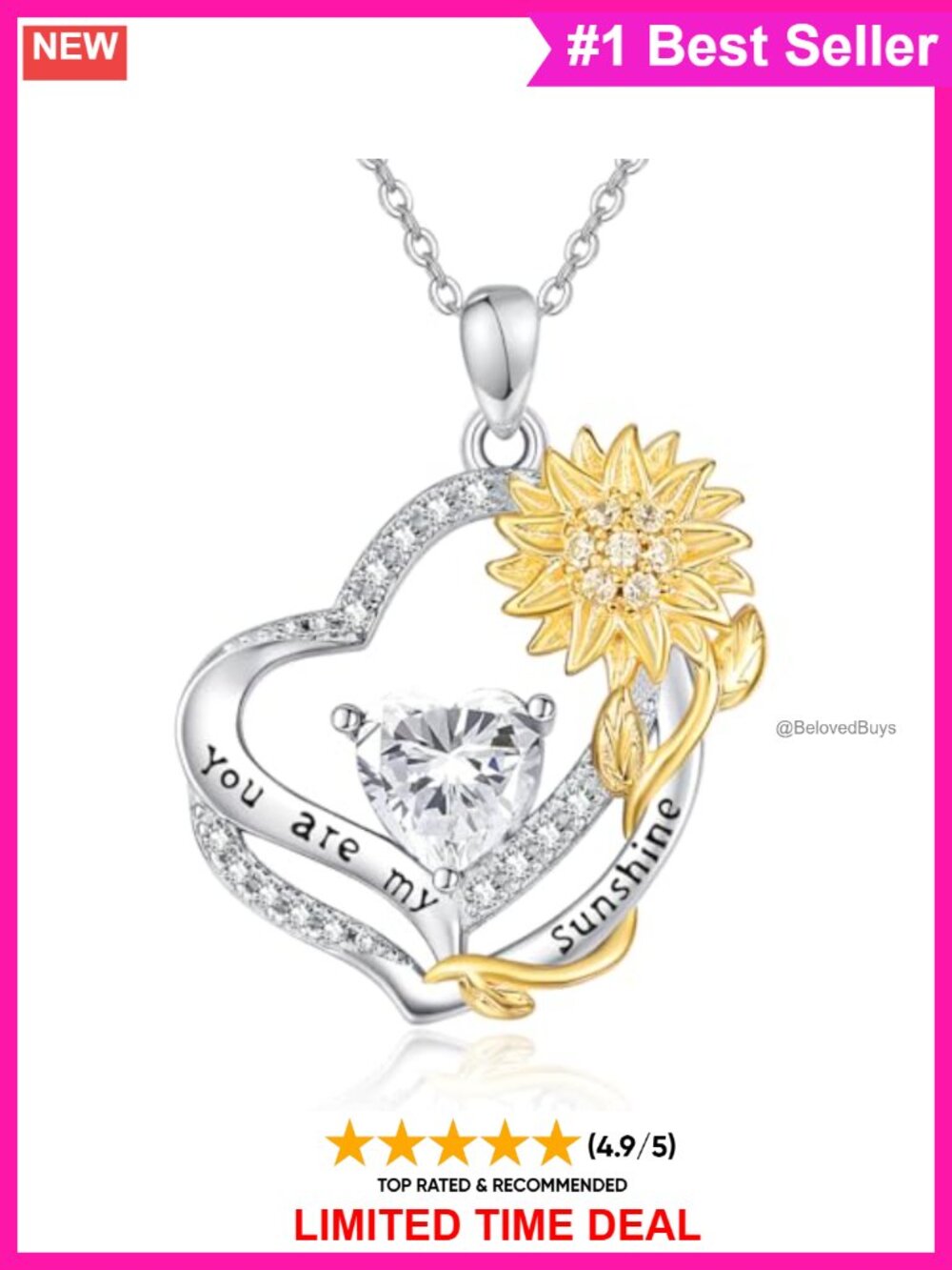 Sunflower Birthstone Necklace 925 Sterling Silver Heart Pendant You Are My